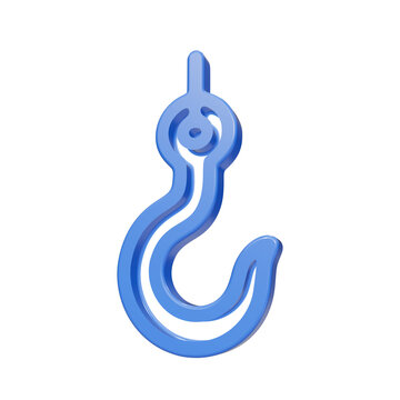 Blue glossy 3D crane hook icon isolated on black background
