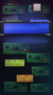 Close-up vertical shot of a blue LED loading screen with animated dots surrounded by detailed vintage circuitry, blending retro tech style with digital progress themes.