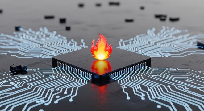 3D render of an overheating CPU with fire icon on a motherboard with glowing blue circuits.