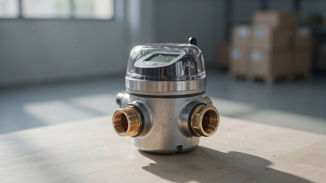 A modern digital water meter with brass fittings, displaying data on its lcd screen, placed on a light wooden surface with a blurred industrial background