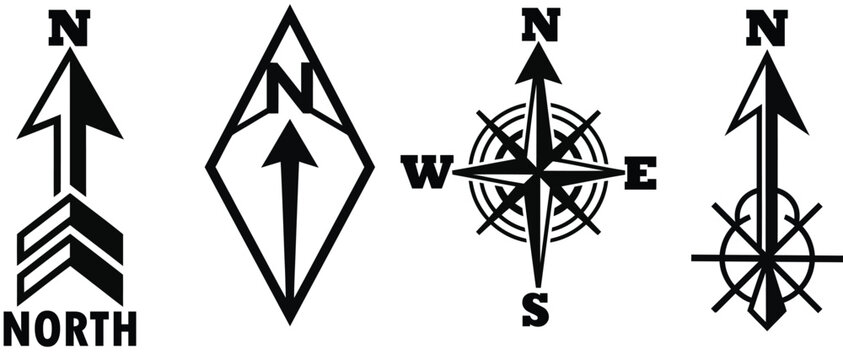 Set of four north arrow and compass rose symbols for maps and navigation with navigation direction collection geography orientation cardinal