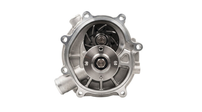 Automotive engine water pump designed for vehicle cooling system is isolated on a transparent background.