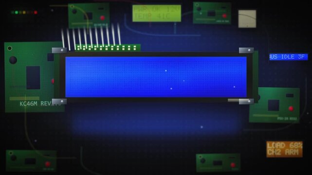 Retro green LED panel spelling LOADING with animated dots, framed by circuit boards, delivering a nostalgic tech mood suited for intros, transitions and app promos