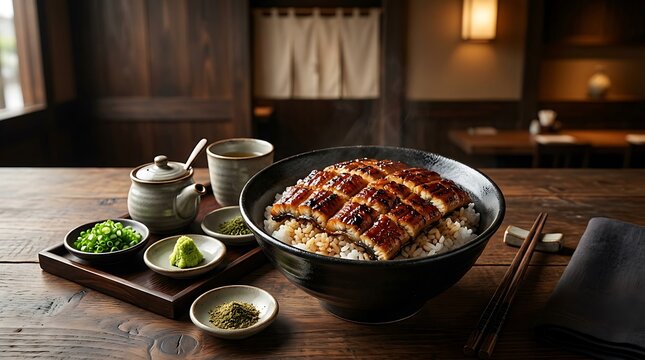 Grilled eel unagi don bowl with rice and side dishes served on a wooden table in a japanese restaurant. Nagoya rice bowl