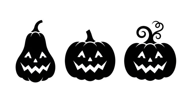 Set of three black Halloween pumpkin silhouettes with carved jack o lantern faces