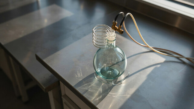 A round-bottomed glass flask with a coiled glass condenser and brass fittings sits on a reflective metallic laboratory bench, illuminated by sunlight casting long shadows.keywords: laboratory
