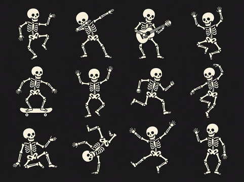 Set of funny dancing skeletons performing various activities and poses on black background