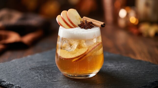 Autumn Cider Cocktail with Cinnamon and Star Anise on a Slate Coaster