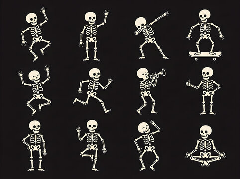 Set of funny dancing skeletons in various poses on a black background