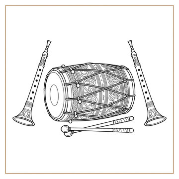 Traditional Indian Dholak drum and Shehnai flutes line art illustration for cultural music