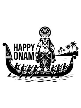 Happy Onam festival illustration with King Mahabali and traditional snake boat race