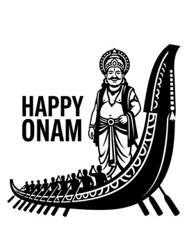 Happy Onam greeting card design with King Mahabali and traditional snake boat illustration