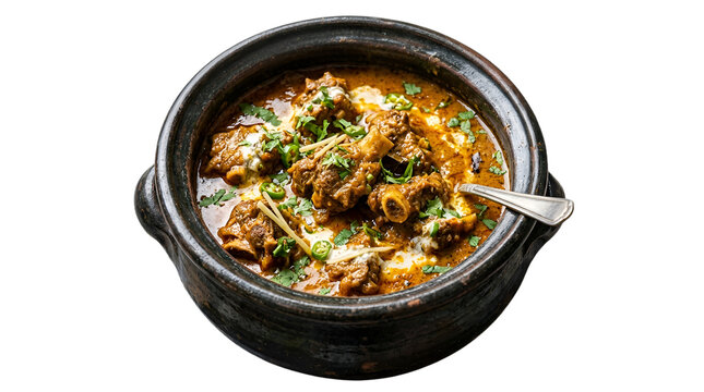 Traditional Mutton Handi Curry in Clay Pot, Spicy Lamb Stew with Fresh Herbs