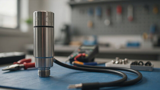 A silver cylindrical sensor or transducer with a black cable connected, positioned on a blue mat in a workshop environment, with tools, a multimeter, and a pegboard visible in the soft focus