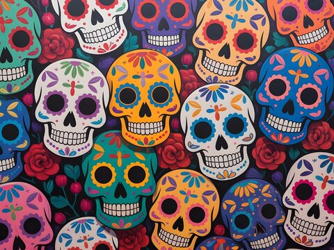 Patr&oacute;n continuo de calaveras mexicanas de colores decoradas con flores para el D&iacute;a de los Muertos