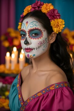 Retrato de mujer mexicana maquillada de Catrina con corona de flores para la celebraci&oacute;n del D&iacute;a de los Muertos
