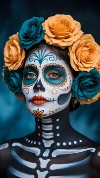 Retrato de mujer con maquillaje art&iacute;stico de Catrina y pintura corporal de esqueleto con corona de rosas turquesas y amarillas para el D&iacute;a de los Muertos