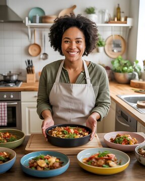 Mujer sonriente con delantal sosteniendo un taz&oacute;n de comida casera en una cocina acogedora