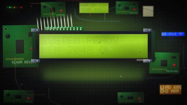 Retro LED panel displaying a blinking LOADING message surrounded by vintage circuit boards, blending nostalgic tech charm with digital progress for creative video projects.