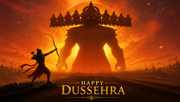 Happy dussehra festival illustration featuring warrior aiming bow at giant ten headed demon king silhouette during sunset ten heads good versus evil dussehra