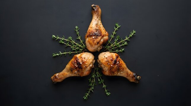 Three grilled chicken drumsticks with herbs arranged on a black background