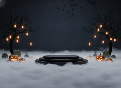 Empty round podium for product display with scary pumpkins and hanging lanterns in a foggy dark halloween night