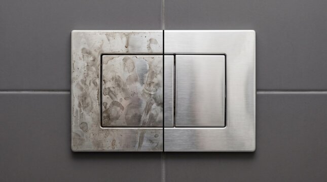 Comparison of Dirty and Clean Toilet Push Plate on Grey Tiled Wall