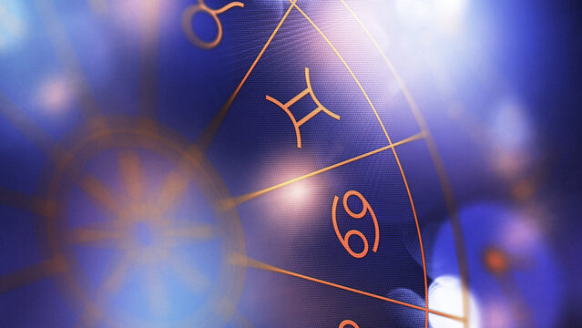 Astrology zodiac signs displayed with symbols and celestial elements in a cosmic background