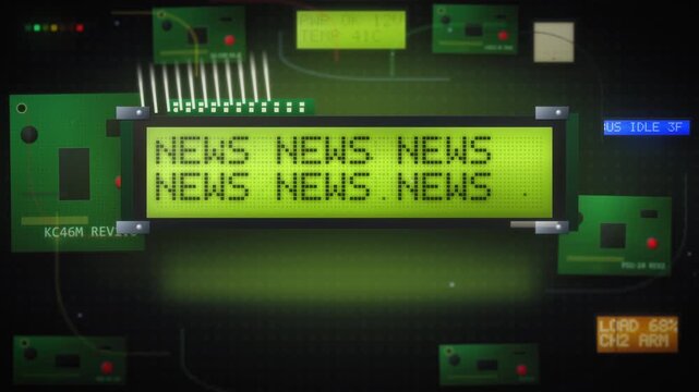 Bold LED screen flashing the word NEWS in bright pixel letters among circuit board components, a striking retro broadcast visual ideal for news graphics and media intros