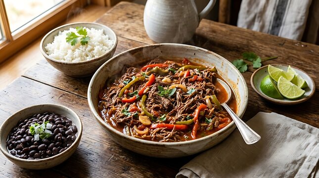 Shredded beef ropa vieja with rice and black beans on a rustic wooden dining table. Ropa Vieja recipe