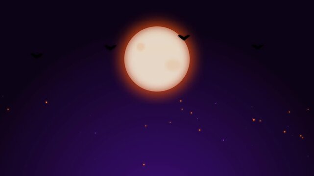 4K Neon Spooky Halloween Night Background Loop, Glowing Orange Moon and Flying Bats Animation