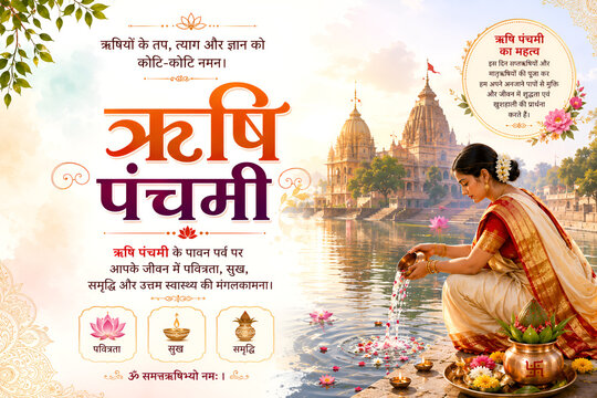 Rishi panchami greeting card banner with woman performing ritual by river and temple background