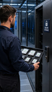 A worker carries a tray of data storage devices to a secure storage area in a server room. The setting is filled with rows of servers and blue lights