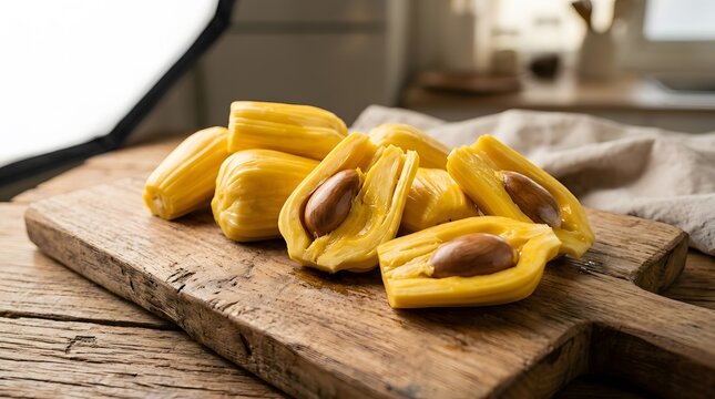 Fresh ripe jackfruit pods with seeds on a wooden cutting board.