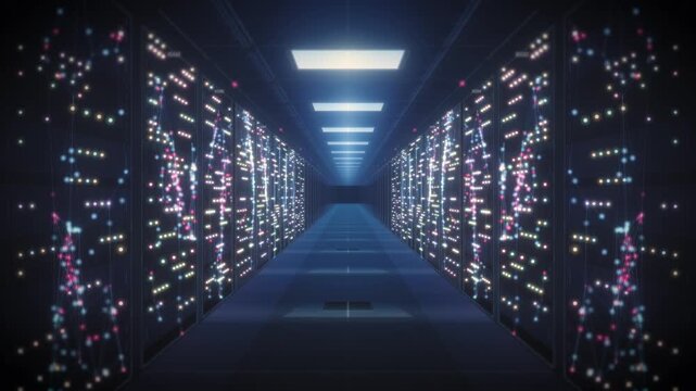 Looping cinematic corridor of a futuristic server room lined with glowing circuit patterns, symbolizing AI processing power for cloud computing and technology marketing.