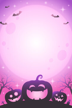 cute halloween night vector background with pumpkins, pink moon and bats