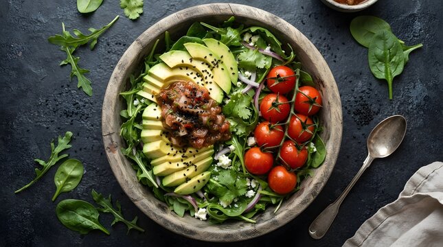 Fresh salad bowl with sliced avocado, cherry tomatoes, salsa, and greens on a dark surface