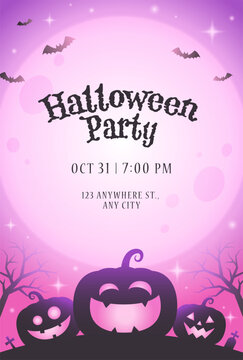 cute halloween night vector background with pumpkins, pink moon and bats