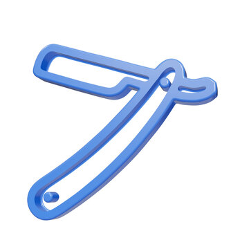Blue glossy 3D straight razor icon isolated on black background