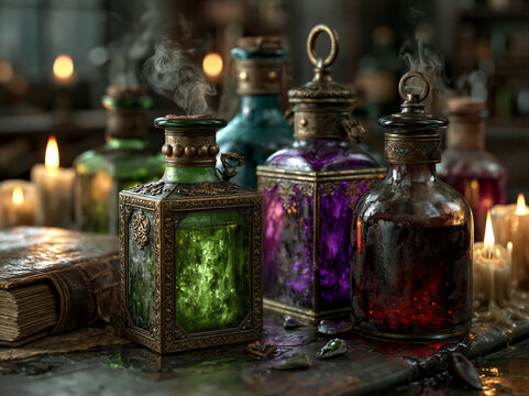 Antique glass bottles with glowing green, purple, and crimson liquids release mystical smoke beside a spellbook and candles. Moody alchemy lab background with cinematic lighting, perfect for...