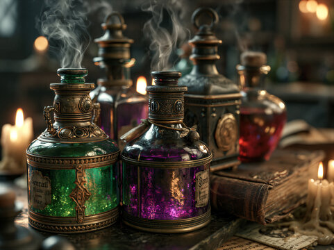 Antique glass bottles with glowing green, purple, and crimson liquids release mystical smoke beside a spellbook and candles. Moody alchemy lab background with cinematic lighting, perfect for...
