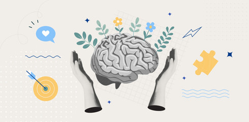 Fototapeta premium Trendy Halftone Collage Hands Supporting Growing Brain for Mental Wellness Cognitive Health and Personal Development Psychological Therapy Session Retro Vector Illustration
