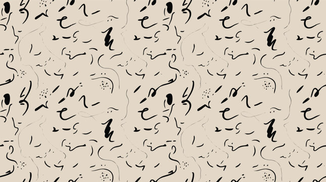 Seamless abstract ink pattern with hand drawn black calligraphy brush strokes on beige background vector