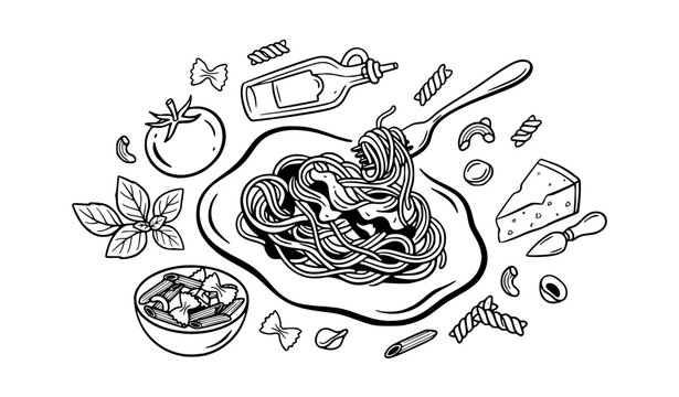 Italian Pasta Spaghetti Food Art Vector Illustration with Tomato Fork and Kitchen Elements
