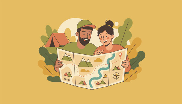 Happy couple checking map and planning their hiking route while camping in the forest under golden background.