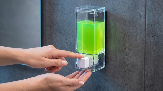 Using Wall Soap Dispenser with Bright Green Liquid Gel, Bathroom Hygiene and Sanitization Concept
