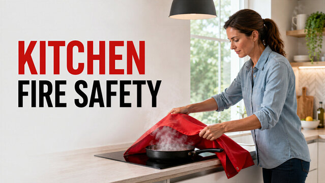 A person is in a kitchen, using a red cloth to cover a pan on the stove. Smoke is coming from the pan, showing a focus on fire safety while cooking