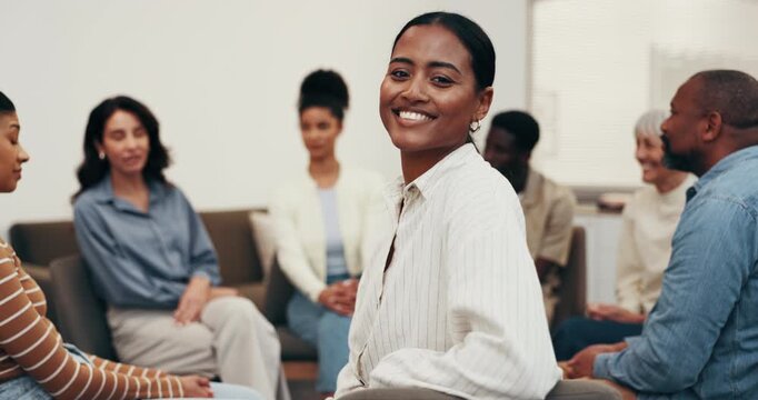 Happy, face or counselor with group session, wellness career or pride in mental health center. Smile, confidence or therapist with patients, clinical psychologist or about us in peer intervention.