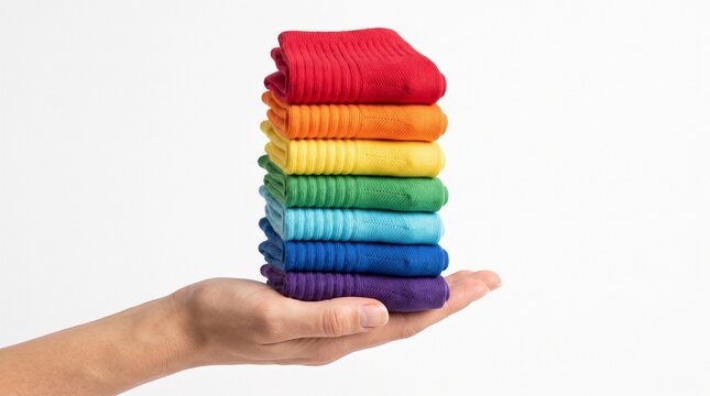 Hand Balancing Tall Stack of Colorful Rainbow Socks, LGBTQ Pride and Diversity Inclusion Concept