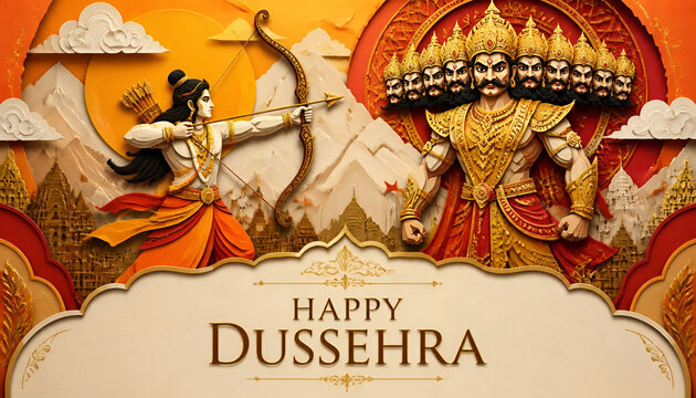Happy dussehra greeting card featuring papercraft illustration of rama aiming bow at multi-headed demon king ravana hindu festival bow and arrow indian holiday